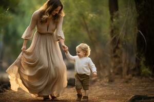 amoroso madre secundario su del bebe primero pasos, participación el niño manos como ellos caminar juntos ai generativo foto