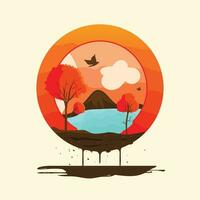 Autumn beach illustration, vector art in a circular design.