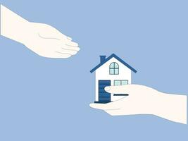 One hand gives to another hand small house. Provision of help and shelter to person in need. Concept of the safe place. Acquisition of ownership or rental of property. Vector illustration.