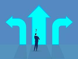 Business decision concept of confused businessman with question mark standing in front of arrow intersection making right choice. career path and strategy.vecor illustration. vector