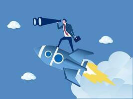 Business development and strategy concept. Young smiling businessman standing on rocket and looking forward with spyglass looking for opportunities vector illustration.