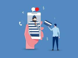 hands is holding a phone with a chat with a scam on the smartphone screen. Concept of cybercrime, fraud and blackmail, online crimes on the internet, social networks, dating apps. Vector flat