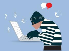 Criminal hacker holding friends mask for hacking on mobile phone screen stealing money ,cyber crime, theft of personal data, password, credit card flat vector illustration.