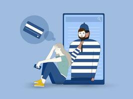 Criminal hacker holding friends mask for hacking on mobile phone screen stealing money ,cyber crime, theft of personal data, password, credit card flat vector illustration.