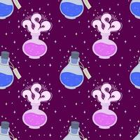 Seamless pattern with magic potion and bottled elixirs on a purple background, Halloween pattern. Vector illustration. Halloween template, banner design, wrapping paper, packaging, web.