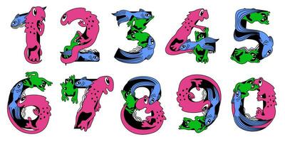 Numbers in cute childish style. Vector isolated colorful lettering with animals