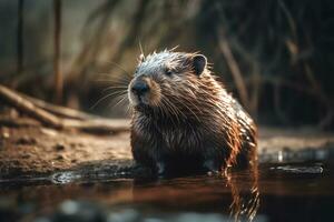 A wet Eurasian beaver stands in the water. ai generative photo
