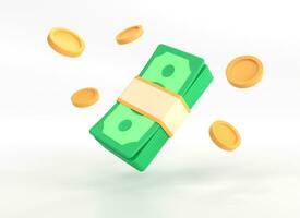 3d flying wad of money and gold coins in a minimalistic cartoon style. green banknotes isolated on white background. business and financial investment concept. 3D rendering illustration. photo