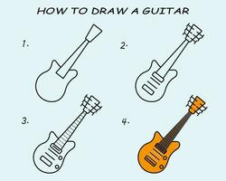 Step by step to draw a Guitar. Drawing tutorial a Guitar. Drawing lesson for children. Vector illustration