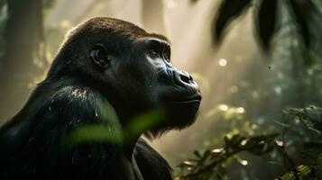 huge male gorilla on the background of the African savannah, hot day, animals of Africa. ai generative photo