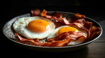 delicious fried eggs with bacon on a plate. generative ai photo