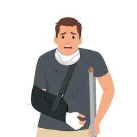 Sad and happy man with a broken arm and leg in a cast with a crutch and a fixing collar around his neck. Fracture limb. Injury. vector