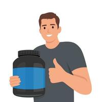 Smiling bodybuilder holding protein bottle recommend healthy lifestyle. Happy muscular guy with nutrition supplement in hands. vector