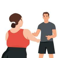 Personal Trainer or Sports Instructor. Fat woman workout with fitness instructor. vector