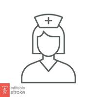 Nurse icon. Simple outline style. Medical assistant, female, woman, medic, doctor, health, medicine, hospital concept. Thin line symbol. Vector isolated on white background. Editable stroke EPS.