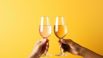 Clinking glasses of champagne in hands isolated on pastel background with a place for text photo