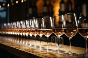 Wine glasses are arranged in a row with wine being poured from the bottle at the wine tasting photo