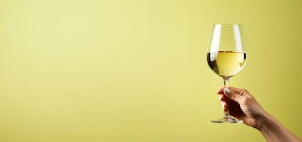 Hand holding a glass of white wine side view isolated on a pastel background photo