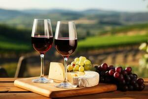 Red wine with cheese served on wooden planks vineyard on background photo