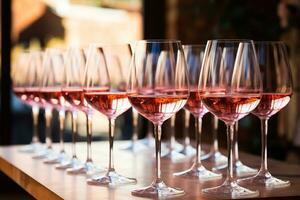 Many glasses of rose wine at wine tasting photo