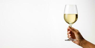 Hand holding a glass of white wine side view isolated on a white background photo