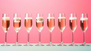 Champagne glasses with little Santa isolated on pastel background photo