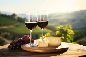 Red wine with cheese served on wooden planks vineyard on background photo