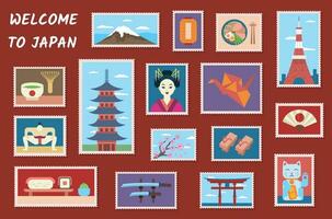 Cartoon Color Japan Travel Stamp Set. Vector