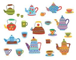 Cartoon Color Different Teapot Cup and Kettle Icons Set. Vector