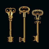 Realistic Detailed 3d Old Gold Keys Set. Vector
