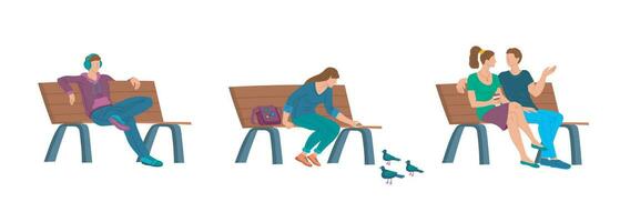 Cartoon Color Characters People Sitting on Bench Set Concept. Vector