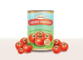 Realistic Detailed 3d Canned Cherry Tomatoes Can and Red Tomato Set. Vector