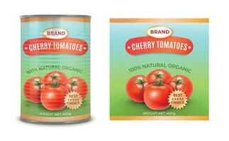 Realistic Detailed 3d Canned Cherry Tomatoes Can and Label Set. Vector