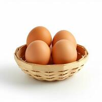 Fresh chicken eggs in woven bamboo basket are isolated on white background with clipping path. Close up with full focus photo