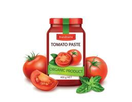 realista detallado 3d natural Tomates pegar con maduro rojo tomate rebanadas, todo y verde albahaca hojas. vector