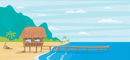 Cartoon Color Bungalow on Tropical Island Landscape Scene Concept. Vector