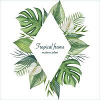 Frame with tropical watercolor leaves and flowers.Tropical background. vector