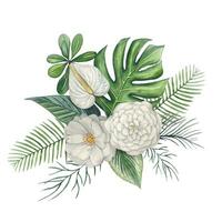 Tropical bouquet. Composition with green tropical leaves and white flowers, watercolor vector