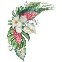 Composition with green tropical leaves and flowers, watercolor vector