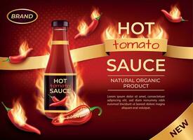 Realistic Detailed 3d Hot Tomato Sauce Ads Banner Concept Poster Card. Vector