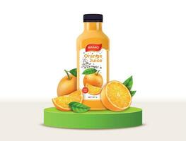 Realistic Detailed 3d Orange Juice Plastic Bottle on a Green Pedestal Podium. Vector