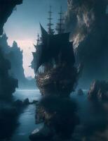 dark fantasy world, sea ship illustration photo