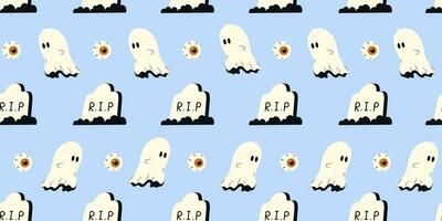 Cute Halloween seamless pattern with ghost, tombstone and eyes on pink background. Halloween various elements. Pattern for wrapping paper and print design. Vector stock illustration in cartoon style.