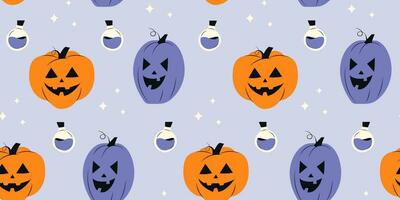 Halloween seamless pattern with pumpkins and poison bottle. Happy Halloween. Childish illustration for wrapping paper and your design. Vector stock illustration on purple background.