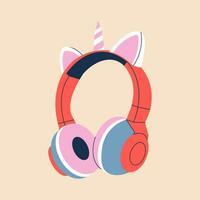 Cute professional gaming headphones with unicorn ear for girls in cartoon style. Colorful red pink audio equipment for listening to music. Music device icon or print. Vector stock illustration.