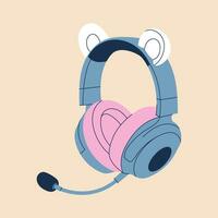 Cute professional gaming headphones with bear ears for girls in cartoon style. Colorful blue pink audio equipment for listening to music. Music device icon or print. Vector stock illustration.