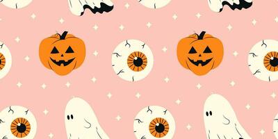 Cute Halloween seamless pattern with haunted pumpkin and eyes on pink background. Halloween various elements. Pattern for wrapping paper and print design. Vector stock illustration in cartoon style.