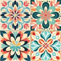 Set of four vector seamless patterns in retro style. Colorful floral and flower backgrounds.