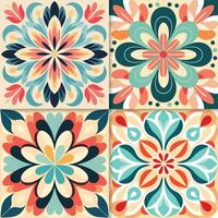 Set of four vector seamless patterns in retro style. Colorful floral and flower backgrounds.