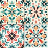 Set of four vector seamless patterns in retro style. Colorful floral and flower backgrounds.